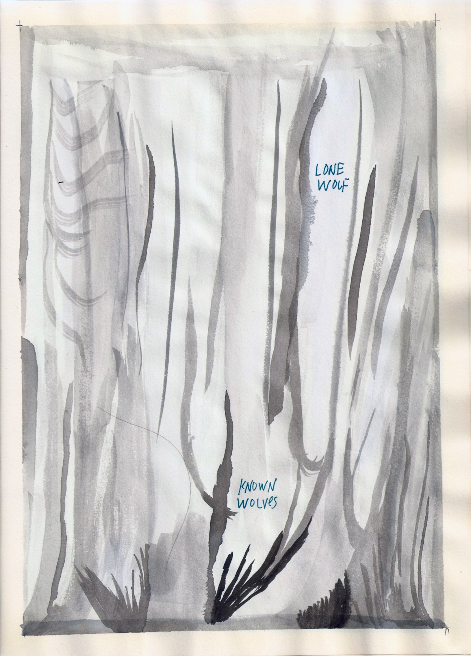 Black and white painting of some branched with something written