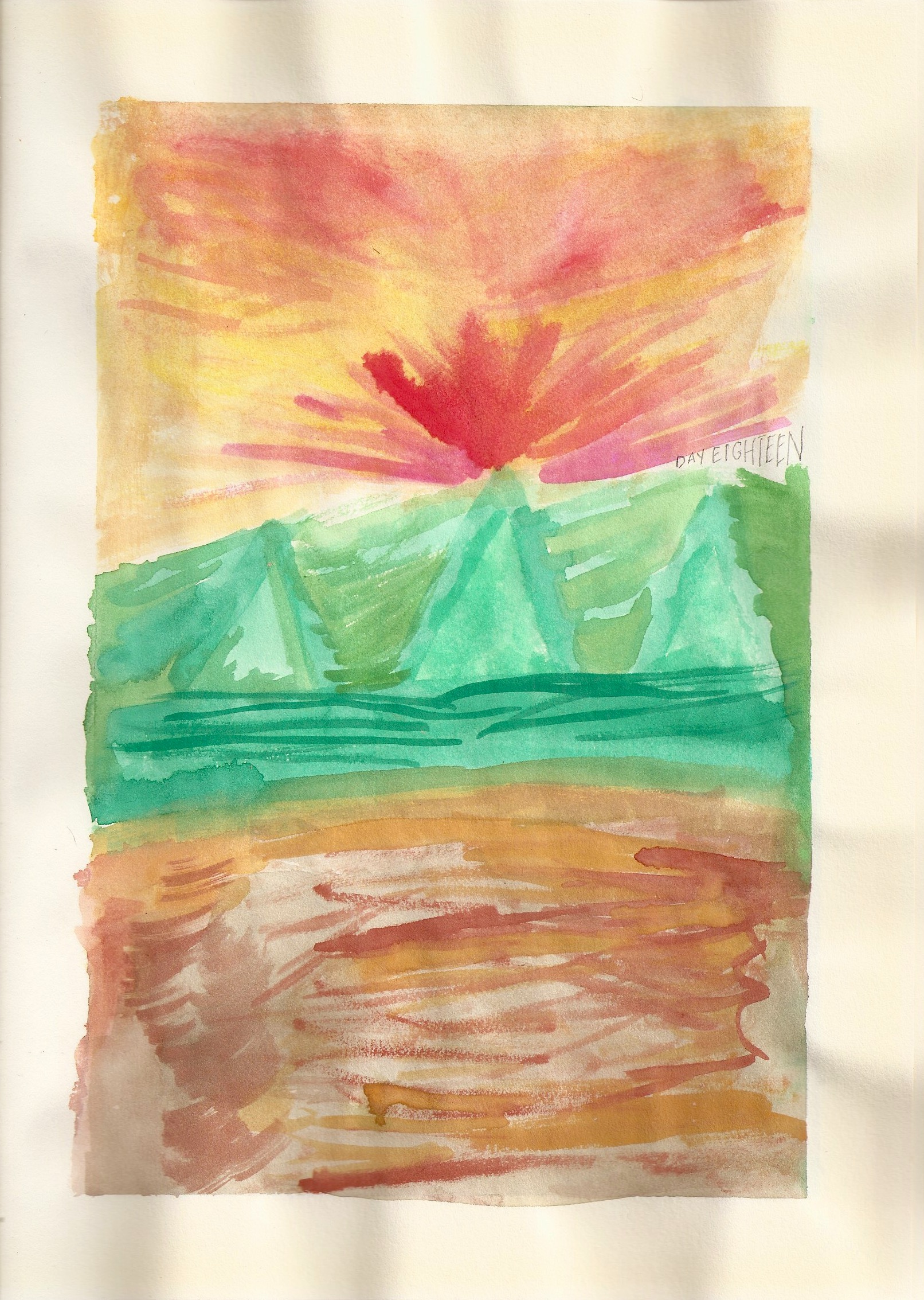 A painting of a sunset beside some mountains