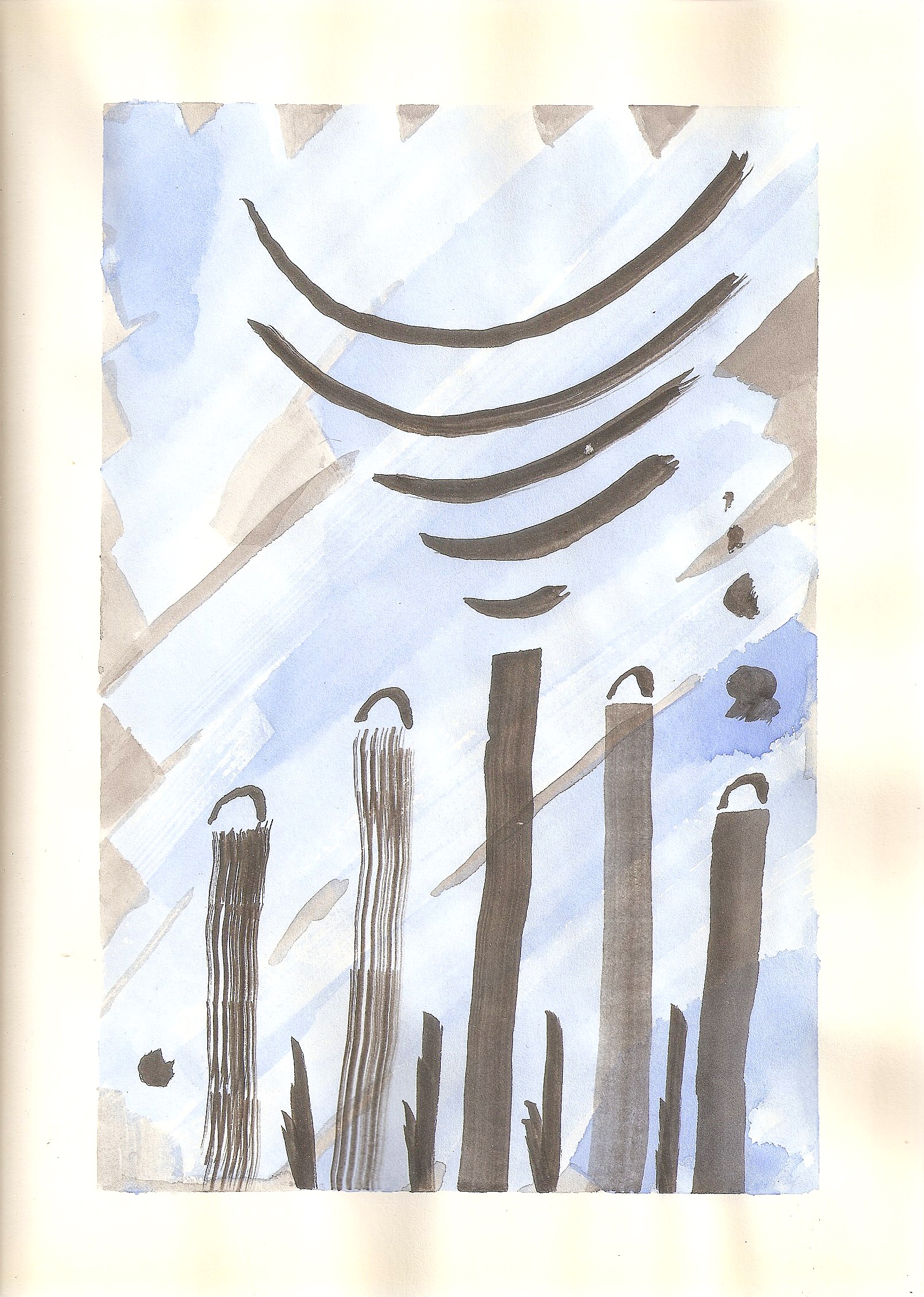 A painting in brown and blue color with a yellow background