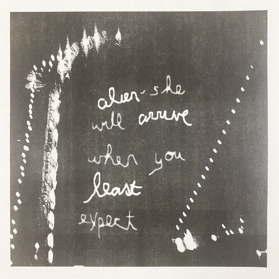 An image of a xerox with a graphic that says alien-she will arrive when you least expect